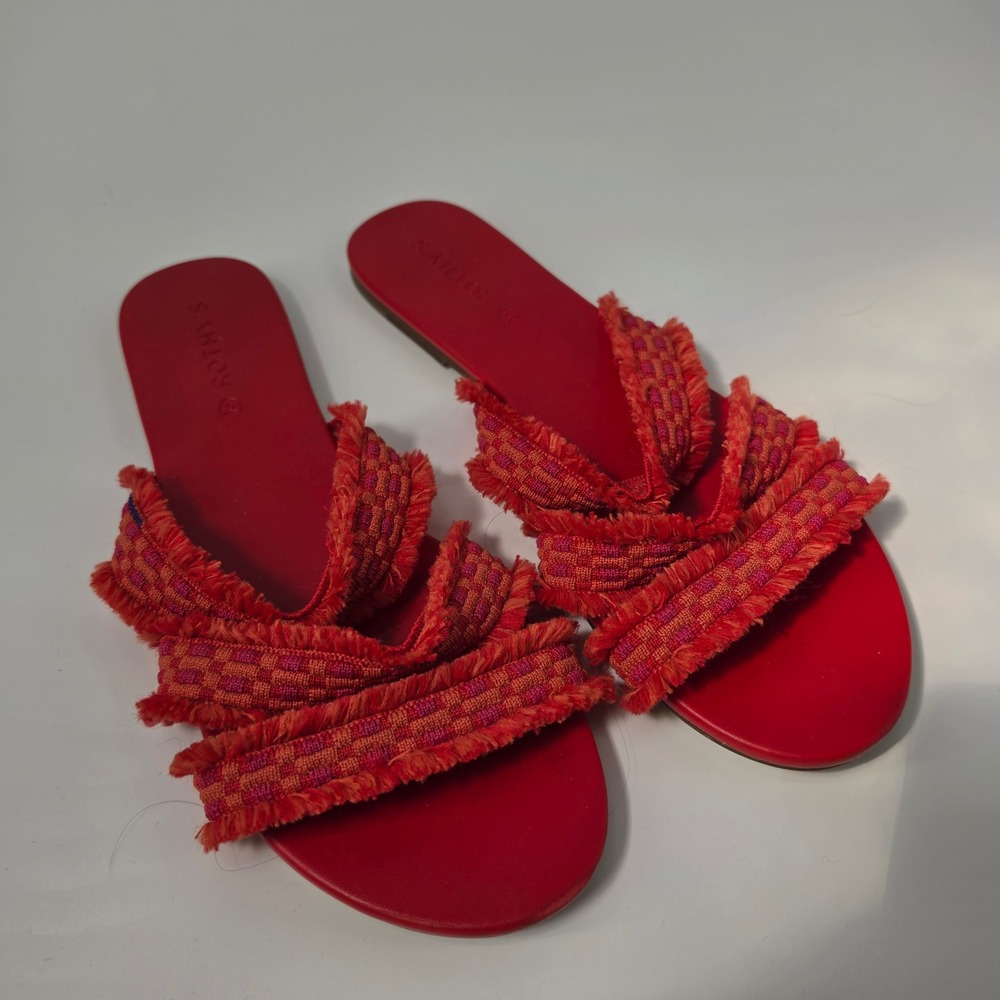 Rothy's The Triple Band Slide Sandals 10 Red Orange Fringed Boho Chic